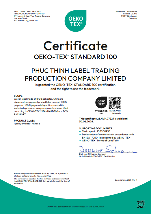 Chứng chỉ Oeko-Tex - Nhãn Mác Phúc Thịnh - Công Ty TNHH Một Thành Viên Sản Xuất Thương Mại Nhãn Mác Phúc Thịnh